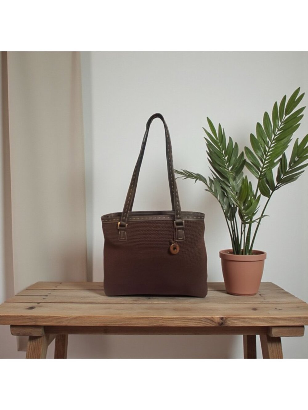 The Sak Shoulder Bag Brown Nylon Crochet Tote with Whipstitch Accent + Bag Charm - Picture 2 of 9